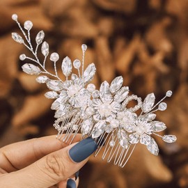 IYOU Bridal Wedding Hair Comb Silver Glitter Rhinestone Side Comb Shiny Crystal Flower Hairpiece Bridal Pearl Leaves Hair Accessories for Women and Girls