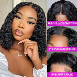 Glueless Curly Bob Wigs Human Hair Pre Plucked Pre Cut 5x5 HD Lace Closure Wigs for Black Women Wear and Go Lace Frontal Wig Human Hair Deep Wave Lace Front Short Bob Wigs 180 Density 14 Inch