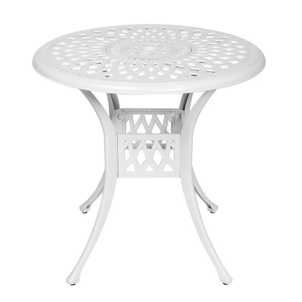 MEETWARM 31" Round Patio Bistro Table, Outdoor Cast Aluminum Small Dinning Table with 2" Umbrella Hole, White