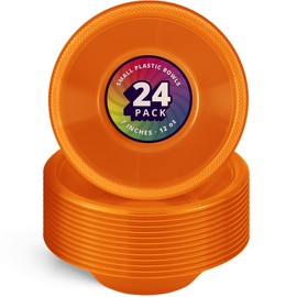 DecorRack 24 Small Plastic Bowls, 7 inch Disposable 12 oz Serving Bowl, Fruit Snack, Popcorn, Soup, and Salad, Kids Birthday and Holiday Party Supplies, Orange (Pack of 24)