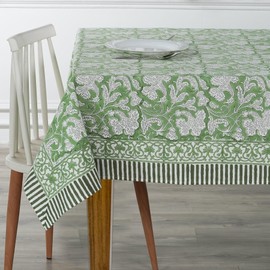 Ridhi Sage Green 100% Cotton Summer Tablecloth, Block Print Rectangle Washable Table Cover - Dining, Parties, Outdoors, Weddings, Preppy Grand Millennial Décor 72x190