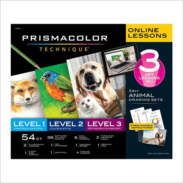 Prismacolor Technique, Art Supplies and Digital Art Lessons, Animal Drawing Set Bundle, Levels 1-3, 54 Count