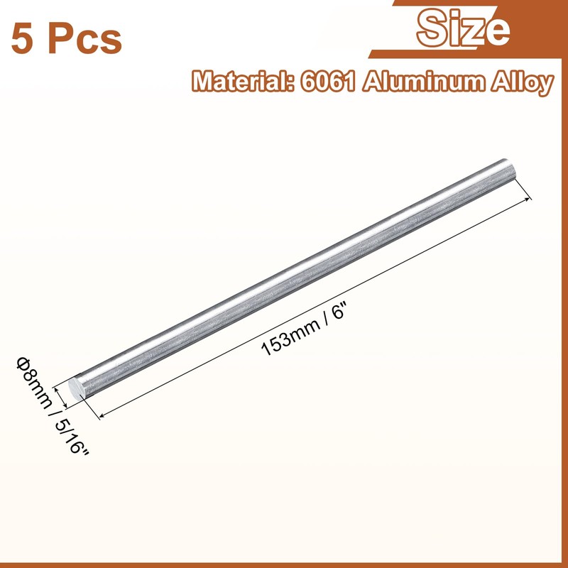 sourcing map 5Pcs 5/16"(8mm) Dia Round Aluminum Rod, 6"(153mm) Long