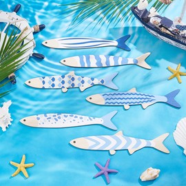 UNICRAFTALE 6Pcs Wood Fish Beach Walls Decor Coastal Walls Art Nautical Beach Decors Blue Fish Wall Sculpture Fishes Hanging Sculptures Bathroom Wall Decors for House Bedroom Living Room