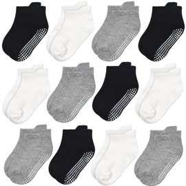 GRPSKCOS Children's Baby Stopper Socks 12 Pairs ABS Non-Slip Toddler Socks for 0-7 Years Boys Girls Children Non-Slip Socks, #3 white / grey / black - 12 pairs