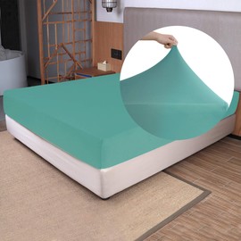 Soft Stretch Twin Size Fitted Sheet Only - 4-Way Stretchy Jersey Knit, T-Shirt Feeling & Ultra Soft, Wrinkle Free, Non-Slip & Snug Fit for Mattress (Deep: 5"-16") - Aqua, Twin