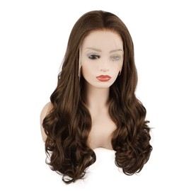 Meiyite Hair Wavy Long 24inch Brown Heavy Density Heat Friendly Synthetic Lace Front Wigs