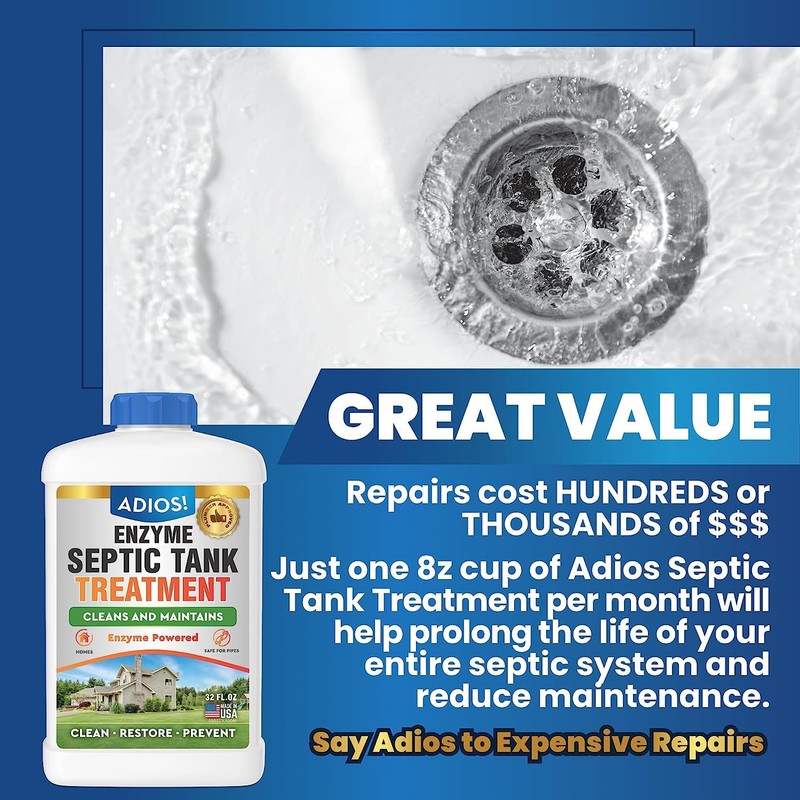 Adios! Enzyme Septic Tank Treatment, Natural Drain Safe Cleaner for