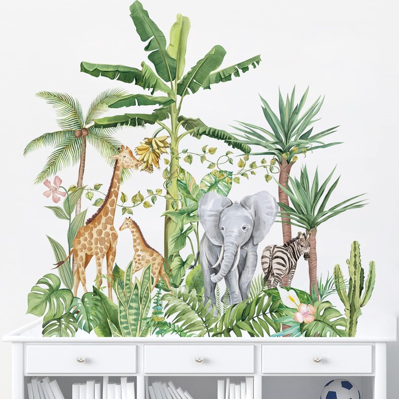 Runtoo Tropical Jungle Animal Wall Decals Giraffe Elephant Plants Wall