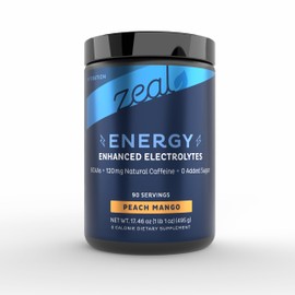Zeal Naturals Pre-Workout Electrolyte + Energy Powder Drink Mix (90 Servings | Peach Mango) w/ 0 Sugar +BCAAs +B-Vitamins Electrolyte Supplement w Potassium Zinc & Magnesium for Hydration - Keto Electrolytes