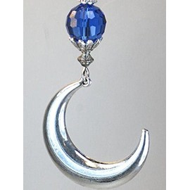 Large Moroccan Silver Crescent Moon & Cobalt Blue Faceted Glass Ceiling Fan Pull Chain