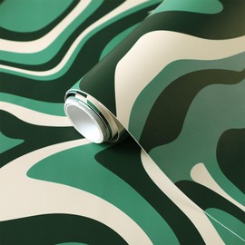MotiMind Waves Coastal Peel and Stick Wallpaper Abstract Retro 70s Wavy Swirl Green Wallpaper Ocean Peel and Stick Wall Mural Sticker for Home Living Room Bedroom Decor