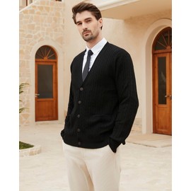 Kallspin Men's Cardigan Sweater Wool Blend Cable Knit V Neck Buttons Cardigan with Pockets(Black, 2X-Large)