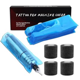 PEPAX Large Tattoo Pen Bags with Tattoo Grip Tape, 200 Pieces 6.5 x 18 cm Tattoo Machine Covers and 4 Pieces Tattoo Grip Wrap Tattoo Pen Covers Tattoo Pen Cases Tattoo Accessories, blue