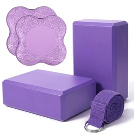 5 Pcs Yoga Blocks Knee Pads Yoga Strap Set, Soft Premium Foam Blocks Accessories for Pilates Meditation General Fitness Stability, Kneeling, Balance, Deepen Stretches and Toning (Purple)