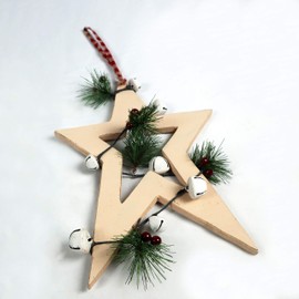 SHATCHI 36cm Cream Wooden Star Wall Hanging Ornament Decorated with White Bells Berries and Pines Christmas Holiday Home Decorations, 25x1.2x36 cm
