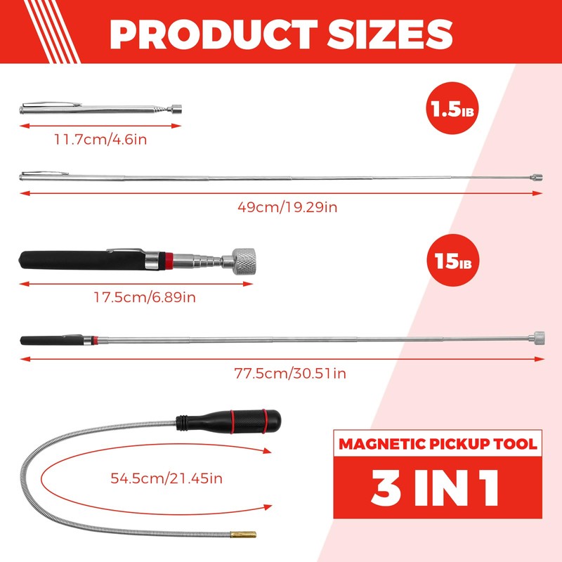 3 Pack Magnetic Pickup Tool- Extendable Magnet, Telescopic Magnetic Pick-up