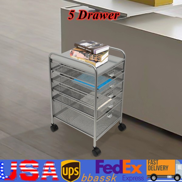 Rolling File Cabinet with 5 Drawers Silver Files Storage Organizer