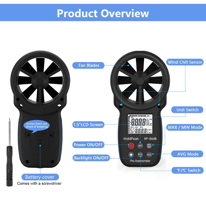 HoldPeak 866B Handheld Anemometer with Tripod, Digital Wind Speed Gauge
