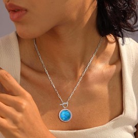 AIBAO Round Cut Turquoise Pendant Necklaces for Women 18K White Gold Sterling Silver Paper Clip Chain Natural Blue Gemstone Statement Necklace