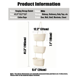 AARAINBOW Wall Hanging Cotton Baskets, Large Hanging Baskets 3 Tier Decorative Hanging Baskets for Wall, Nursery Wall Basket Boho Wall Baskets for Organizing, 3 Tier Hanging Basket Bathroom (B-White)