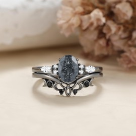 IRROYA Natural Black Rutilated Quartz Black Gold Plated Bridal Wedding Ring Set, Trinity Celtic Knot 925 Sterling Silver 6x8mm Oval Quartz Gothic Engagement Rings, Black Spinel Anniversary Promise Band Ring Size 6