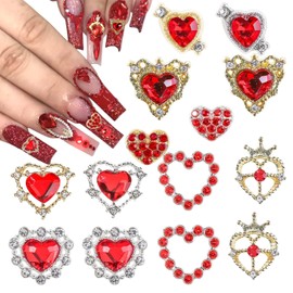 WBRRFJJ 14Pcs Valentine's Day Nail Charms Cute Red Heart Nail Rhinestones 3D Gold Silver Heart Nail Gems Glitter Multiple Shapes Nail Art Charms Valentines Rhinestones Nail Supplies for Women DIY