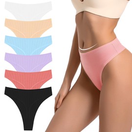 Umiehary 6 Pieces Ribbed Cotton Women High Cut Stretch T Back Thongs Active Panties Size XLarge