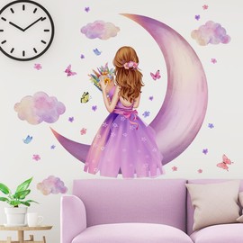 Little Girl Moon Background Wall Decals, Peel and Stick Wall Stickers Wall Decor Vinyl Wall Art for Girls Bedroom, 2 Sheets 30x60cm