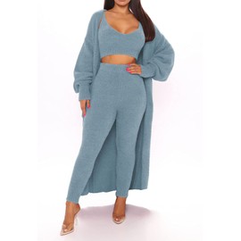 Fixmatti Women 3 Piece Lounge Set Crop Tank Leggings Kimono Matching Cozy Fuzzy Sweatsuit Turquoise L
