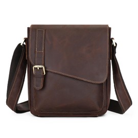 BAIGIO Leather Bag Men's Small Vintage Shoulder Bag Men's Genuine Leather Shoulder Bags Retro Crazy Horse Leather Men's Bags Shoulder Bag Messenger Bag Casual Work Travel Bag, coffee, Leather men's