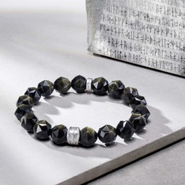 AWNL Men's Beaded Bracelet with Sterling Silver Charm 10mm Golden Obsidian Natural Gemstone Gift for Men, 6.3''-6.7''