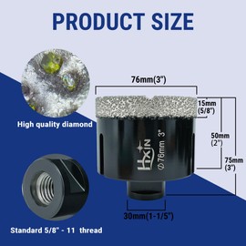 HXIN Brazed Diamond core Drill bit with 5/8"-11 Diamond Hole Saw for Dry or Wet Drill on Hard Porcelain Ceramic Tile Granite Marble Masonry Used on Universal Angle Grinder 76mm (3")
