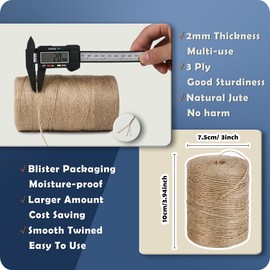 PerkHomy 800 Feet Natural Jute Twine Long Twine String for Crafts Gift Wrapping Packing Gardening Crochet Knitting Macrame Decor (800 FT * 2mm (3Ply))