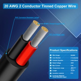 RESHAKE 20 Gauge 2 Conductor Electrical Wire, 16.4FT Low Voltage 20/2 Tinned Copper Stranded Wire, 20 AWG 2 Wire Cable, Flexible Extension Cord for LED Strips Light Lighting, Outdoor Waterproof