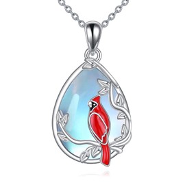 YONFQE Red Cardinal Necklace 925 Sterling Silver Moonstone Pendant Lucky Jewelry Gift for Women