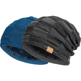 Vgogfly Slouchy - Gorro de invierno para hombre con forro de punto y calcetín grueso, 2 paquetes de color negro y azul., Large
