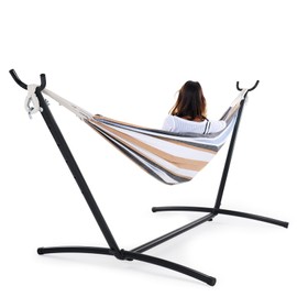 Sweetcrispy Double Hammock with Space Saving Steel Stand Heavy Duty 2 Person Standing Hammocks 450lb Capacity for Outside Garden Yard with Portable Carrying Bag