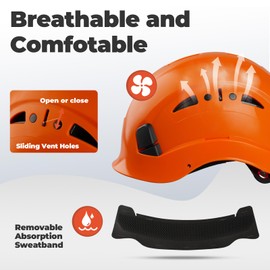 Mustbau Hard Hat Construction Safety Helmet Vented Lightweight Hardhat with Adjustable Chin Strap for Men Women Ideal for Tree Climbing Work at Height Orange