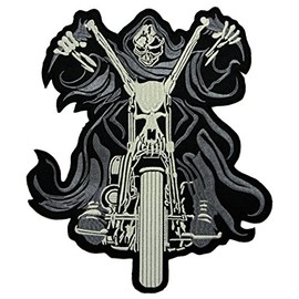 Skull Biker Back Patch XXL Back Patch Large Iron-On or Sew On for Cowl Jacket Vest Iron-On Patch Grim Reaper Skeleton Motorcycle Rider Patch Size 21.5 x 25.5 cm
