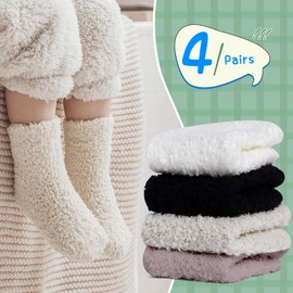 MK MATT KEELY 4 Pairs Baby Fluffy Socks with Grips 1-6 Years Boys Girls Non Slip Slipper Bed Socks Toddlers Cozy Gifts,White/Black/Brown/Beige,1 2 3 Years