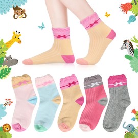 KOOOGEAR 5 Pairs Girls Socks for Kids Toddlers Child Cosy Breathable Cotton Funky Fashion Funny Cute Cartoon Animal Socks (UK, Age, 6 Years, 10 Years, Regular, Pink/Yellow/Rose Red/Blue/Grey)