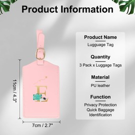 YELARXI Luggage Tags, Initial Letter Travel Luggage Baggage Labels PU Leather Tag Waterproof for Privacy Protection ID Suitcase Identifier Backpack (3 Pack, Pink E)