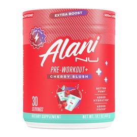 Alani Nu Pre Workout+ Powder Cherry Slush, Extra Boost, Sugar Free, 300mg Caffeine, L-Theanine, Beta-Alanine, Citrulline, 30 Servings