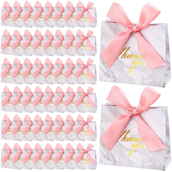 50 Pcs Small Thank You Gift Bags Mini Gift Bags with Bow Ribbon Favor Thank You Bags Paper Treat Goodie Bags Bulk for Baby Shower Party Bridal Wedding Birthday (Gray, Pink, White, 4.5 x 1.8 x 4 In)