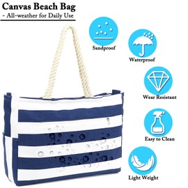 Fammart Fammart Large Canvas Beach Bag for Women - Waterproof Pool Gym Travel Tote Bag with Insulated Lunch/Wet Pocket, Sandproof Design, Top Zipper Closure