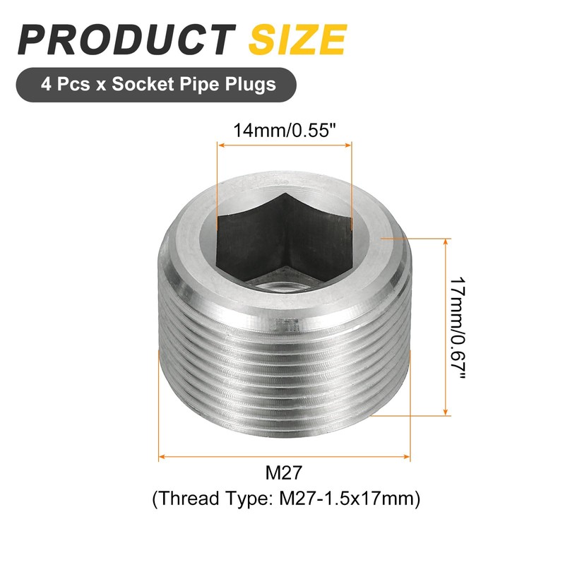 sourcing map 4Pcs Male Thread Socket Pipe Plugs, M27-1.5x17mm Stainless