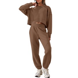 ANRABESS Womens 2 Piece Outfits Lounge Sets Cropped Sweatshirt & Joggers Fashion Sweatsuit Sweat Set 2024 Fall Travel Brown Medium