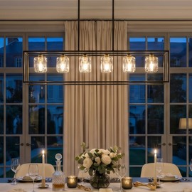 Ruhaieba Modern Linear Crystal Pendant Light, Industrial Crystal Chandelier, 6-Light Black and Brass Metal Kitchen Island Lighting, Adjustable Hanging Chandelier for Dining Room, Living Room