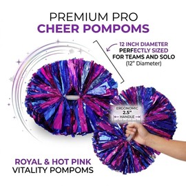 4 Pcs Cheerleading Pom Poms with Baton Handle, Metallic Cheerleader Pompoms for Adults Spirit Sports Dance Game Cheer (Blue Hot Pink)